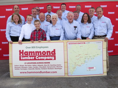 Hammond Lumber Company employees and family take a photo at the location in Ellsworth after the acquisition announcement on June 27. From left to right. First row: Sarah Krizo, Max Krizo, Sam Krizo, Verna Hammond, Skip Hammond, Deb Thing, Bob Thing. Second row: Steve Smith, Rod Wiles, Don Hammond, Hannah Colson, Lenny Lawson, Mike Hammond, Dwayne Webber. Third row: Matt Masse, Bob Jancewicz, Fred Perkins, Peter Economy.