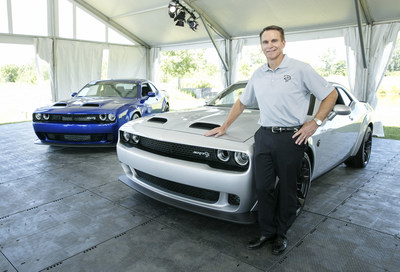 Steve Beahm, FCA Head of Passenger Car Brands - Dodge, SRT, Chrysler and Fiat, unveiled the new 2019 Dodge Challenger SRT Hellcat Redeye (right) and the 2019 Dodge Charger SRT Hellcat Widebody (left) at FCA’s Chelsea Proving Grounds in Chelsea, Michigan, today. Featuring a Hellcat 797-horsepower supercharged HEMI® high-output engine, Challenger Hellcat Redeye joins the most powerful SRT Hellcat lineup ever. (PRNewsfoto/FCA US LLC)