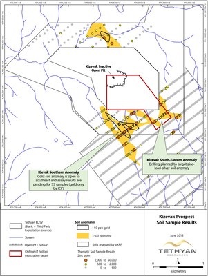 Figure 2: Kizevak Target, location of soil grids and soil anomalies, Kremice Exploration License. (CNW Group/Tethyan Resources PLC)