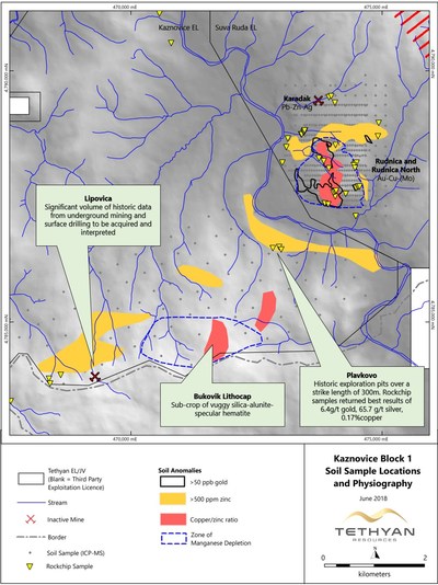 Figure 3: Plavkovo, Bukovic and Lipovica Targets, location of soil grids and soil anomalies, Kaznovice Exploration License. (CNW Group/Tethyan Resources PLC)