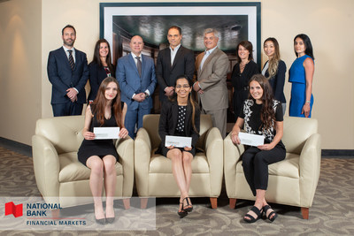 From left to right: Financial markets team members Phillippe Tomic, Sandrine Théroux, Denis Girouard, Laurent Ferreira, Brian Davis, France Beauregard, Sandy Lam, Rana Karim, with the three recipients of the ninth edition Eugenia Turculet, Jaskirat Sahi and Chanel Matte (seated). (CNW Group/National Bank of Canada)