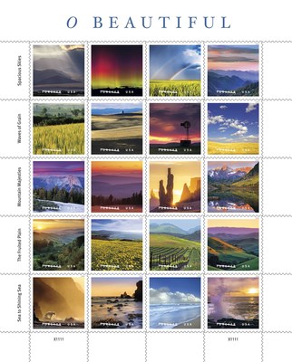 The U.S. Postal Service commemorates the beauty and majesty of the United States with the release of the O Beautiful Forever stamps. The pane of 20 stamps features photographs that help illustrate one of five phrases from the song's famous first verse: 