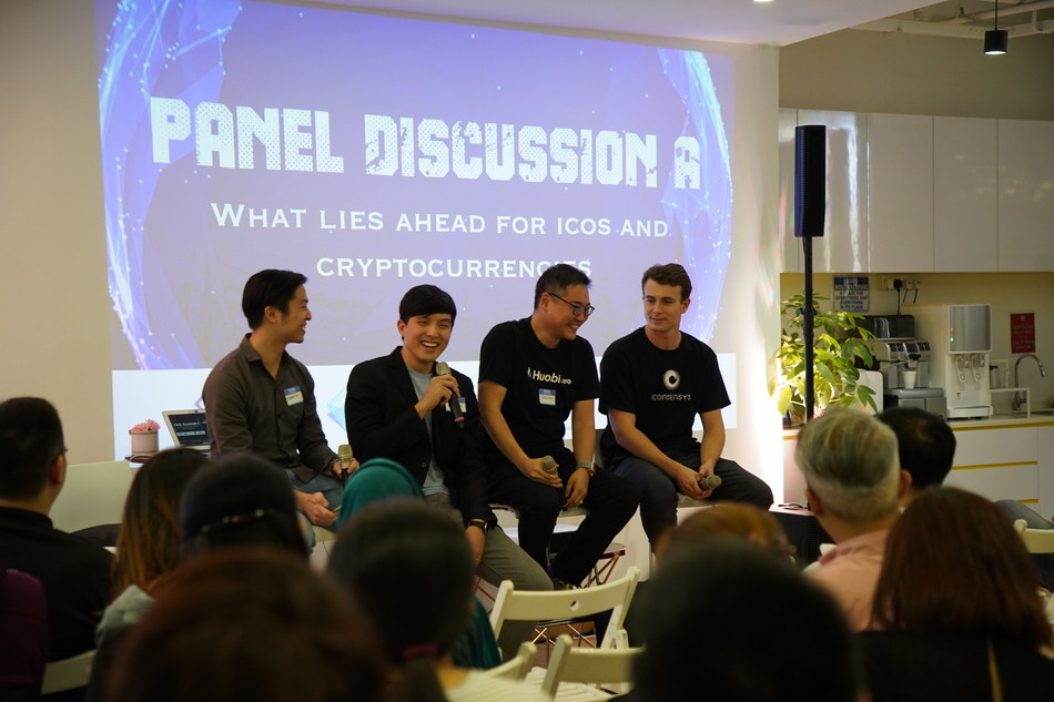 From left: Leonard Tan (Developer Relations, Ethereum Foundation), Jeremy Seow (Managing Partner, Chainrock), Jack Chia (Business Development Director, Huobi), Maxwell Stein (Blockchain Business Architect, Consensys). (PRNewsfoto/Talenta)