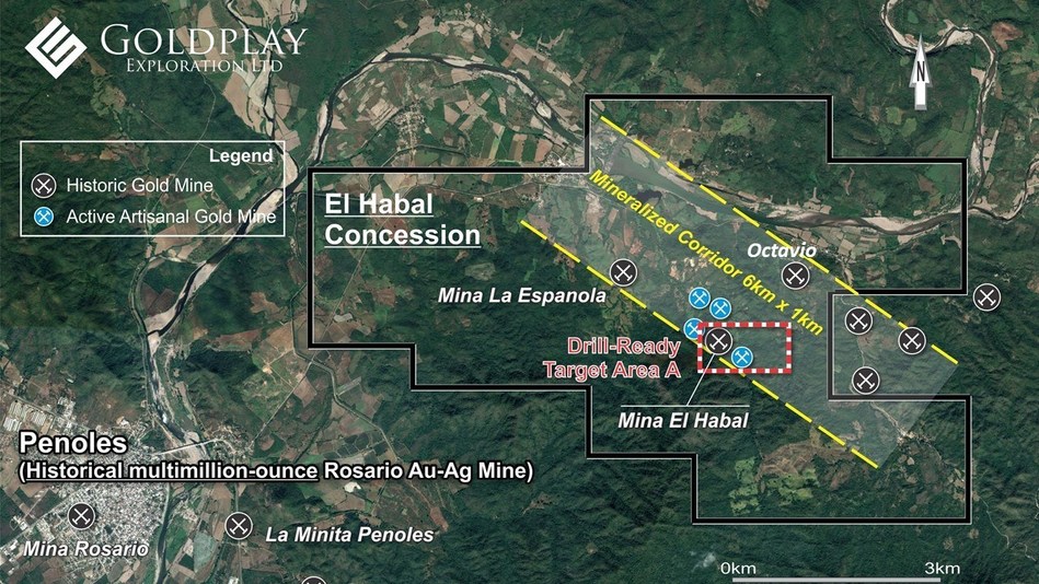 Figure 01- El Habal Concession map showing Target Area A, Mina La Espanola and Mineralized Corridor. (CNW Group/Goldplay Exploration Ltd)