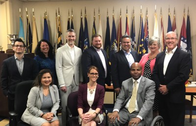 Executive leaders from AMVETS (American Veterans) and CareSource, an Ohio-based national nonprofit health plan met to discuss a collaborative effort to create access to health care for veterans. Pictured Top row L to R – Anthony Bellotti, Christine Kirkley, Richard Topping, Joe Chenelly, Erhardt Preitauer, Christine Turner and Dan McCabe
Seated L to R – Lana McKenzie, Rory Riley Topping, Sherman Gillums