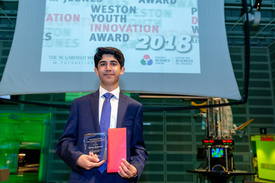 Fifteen-year-old Danish Mahmood received the 2018 Weston Youth Innovation Award today at the Ontario Science Centre for his Wireless Interconnected Non-Invasive Triage System (WINITS) device. Established in 2008, the Award encourages and recognizes young Canadian innovators. (CNW Group/Ontario Science Centre)