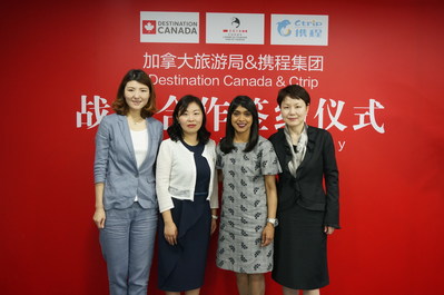 From left to right: Amber, Guo Cheng, General Manager of Americas and North China, Ctrip Group; Anita, Xiaoli Yang,Vice-President of Group Sales and Marketing, Ctrip Group; the Honourable Bardish Chagger, Leader of the Government in the House of Commons and Minister of Small Business and Tourism; and Wei LI, Regional Managing Director – Asia Pacific, Destination Canada. (CNW Group/Destination Canada)