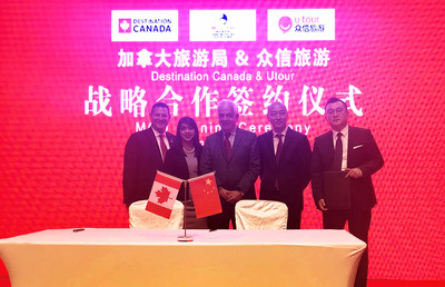 From left to right: David F. Goldstein, President and CEO, Destination Canada; the Honourable Bardish Chagger, Leader of the Government in the House of Commons and Minister of Small Business and Tourism; the Honourable John McCallum, Canadian Ambassador to China; Bin Feng, Chairman of the Board, UTour Group; and Lei Zhang, Vice-President Utour Group. (CNW Group/Destination Canada)