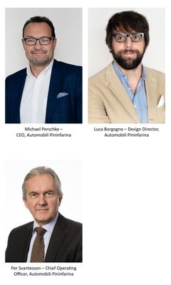 Board of Directors: Michael Perschke – CEO, Automobili Pininfarina, Luca Borgogno – Design Director, Automobili Pininfarina, Per Svantesson – Chief Operating Officer, Automobili Pininfarina (PRNewsfoto/Automobili Pininfarina)