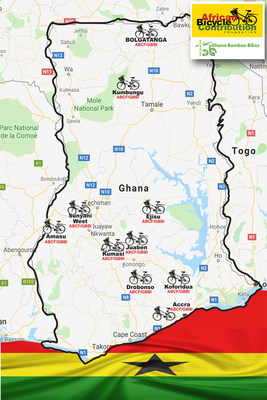 Map of Ghana with ABCF/GBBI icons marking bamboo bike distribution sites (July 10, 2018).