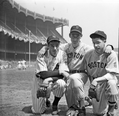 Two of the brothers DiMaggio, Joe, left, of the New York Yankees, and Dominic, right, of the Boston Red Sox, get together with Boston's star outfielder Ted Williams here, before meeting at Yankee Stadium in the New Yorker's first home game of 1942.