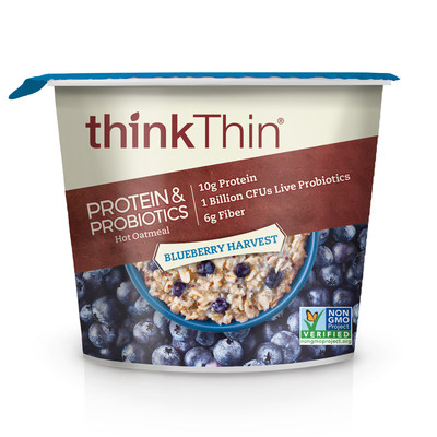 thinkThin Protein & Probiotics Oatmeal Blueberry Harvest flavor.