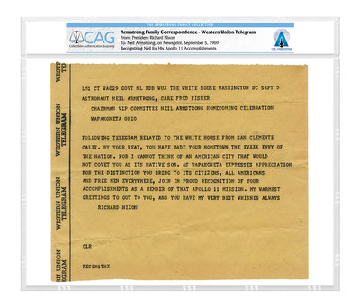 Western Union Telegram from President Richard Nixon to Neil Armstrong, September 5, 1969, certified by CAG.