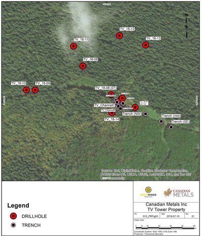 Figure 8: Diamond Drill Hole & Trench Locations (CNW Group/Canadian Metals Inc.)