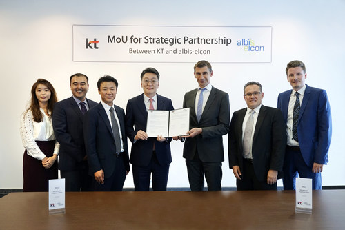 Kim Hyung-Joon, fourth from left, KT’s executive vice president and head of the Global Business Unit, Werner Neubauer, fifth from left, chief executive officer of albis-elcon, and other key participants from the two companies pose at the signing ceremony of a memorandum of understanding for strategic cooperation at albis-elcon headquarters in Eschborn, Germany, on July 10.