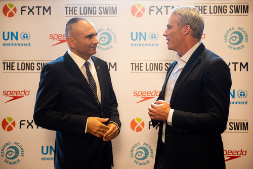 L – R Nicholas Defteras, CEO at FXTM and Lewis Pugh at the launch of long swim on Tuesday, 10 July (PRNewsfoto/FXTM)