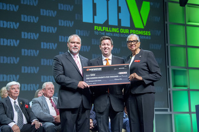 During the opening session at DAV's 97th National Convention on July 14, Hankook Tire America Corp. Public Relations Manager Wes Boling presents DAV National Adjutant and CEO Marc Burgess and National Commander Delphine Metcalf-Foster with a $175,000 check recognizing Hankook's 2018 commitment to DAV and helping veterans through mobility.