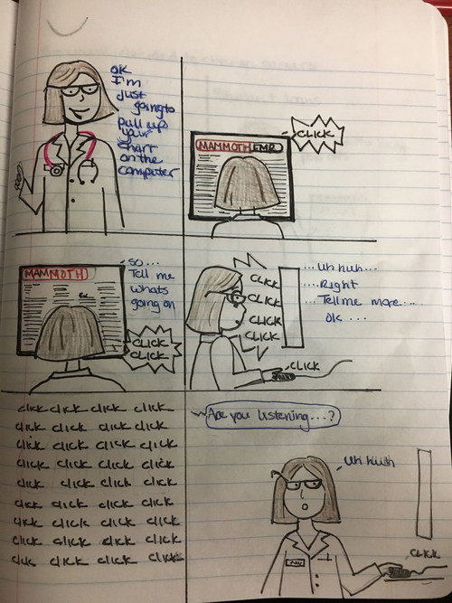 Comic strip by Thomas Jefferson University student, Laura Ayd, from a Graphic Medicine course that teaches medical students to use cartooning to strengthen empathy, communication, and observation skills. The course is part of JeffMD, the new curriculum at Jefferson's Sidney Kimmel Medical College. JeffMD focuses on patient-centered care with early clinical experiences, patient panel discussions that bring lectures to life, and research and humanities requirements that broaden medical education.