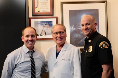 Dr. Kaye gives presentation to Beverly Hills Fire Department.  Left to right: Sean Stokes, EMS Programs Director; Dr. Alan Kaye; Greg Barton, Beverly Hills Fire Chief.