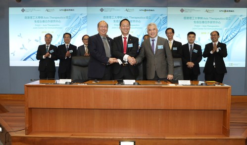 Ir Professor Ping-kong Alexander WAI, Vice President (Research Development) of PolyU (front row, center); Dr Johnson LAU, Chairman and CEO of Athenex, Inc. (front row, left); and Mr YongHui WANG, Chairman and CEO of Xiangxue Pharmaceutical and CEO of Xiangxue Life Sciences (front row, right) sign the MoU for setting up the PolyU—Axis Therapeutics Joint Center for Immunotherapy (PRNewsfoto/PolyU)