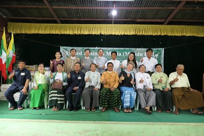 From left to right: Mrs. Maw Maw Khaing, Principal of Seikkyi Kanaungto School (2nd of 1st row); U Myo Thein from YCDC (4th of 1st row); U Aung Myint, President of MES (5th of 1st row); Ms. Eliane van Doorn, Business Development Director of UBM (7th of 1st row); U Khin Maung Htaey, Vice President of MES (8th of 1st row) and Ms. Vicky Tan, Senior Project Manager of UBM (6th of 2nd row) along with other partners during the MyanmarWater CSR Launch.