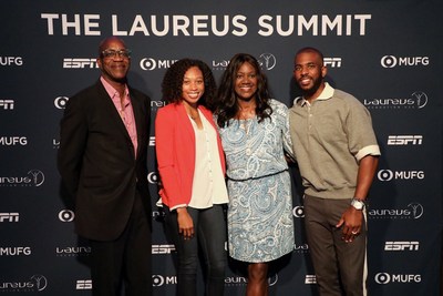 Olympic legend and Laureus USA Chairman Edwin Moses, Olympic Gold Medalist Allyson Felix, Olympic Gold Medalist and Laureus USA CEO Benita Fitzgerald Mosley and NBA All-Star and Laureus Ambassador Chris Paul at The Laureus Summit Presented by ESPN on July 18, 2018 at the Conga Room in Los Angeles. Courtesy of Laureus USA.