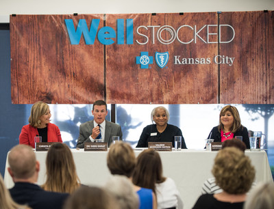 Panelists at Blue Cross and Blue Shield of Kansas City (Blue KC) and Harvesters Food 4 Thought event on July 19, 2018 where Blue KC's Well Stocked initiative was launched. The panel discussed hunger in Kansas City and was moderated by Christa Dubill, anchor at KSHB-TV NBC. Panelists from left to right: Dr. Greg Sweat, Senior Vice President and Chief Medical Officer at Blue Cross and Blue Shield of Kansas City, Valerie Nicholson-Watson, President and CEO of Harvesters, and Adriana Pecina, Program Officer with the Health Care Foundation of Greater Kansas City.