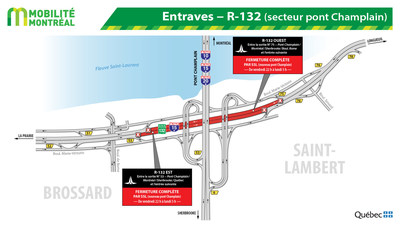 Entraves − R-132 (secteur pont Champlain) (Groupe CNW/Ministère des Transports, de la Mobilité durable et de l'Électrification des transports)
