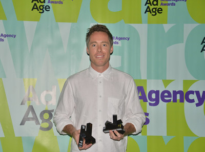 John McKelvey, co-founder and executive creative director at JohnXHannes New York accepts the 2018 Ad Age Small Agency of the Year Award, under 10 employees, at the Ad Age Small Agency Awards in Santa Monica, California. Missing from picture: Hannes Ciatti, co-founder and executive creative director, JohnXHannes New York.