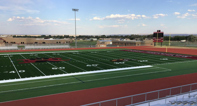 Hellas Construction crews are at Riverton High School in Wyoming wrapping up installation of the new Matrix Turf with Helix Technology and Comfort Coat™ pad, along with the epiQ Tracks® X1000 track surface scheduled for completion next week.