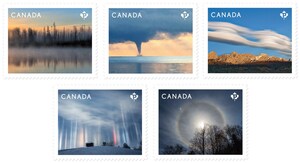 Des timbres consacrés aux phénomènes météorologiques sont ornés de cinq images spectaculaires