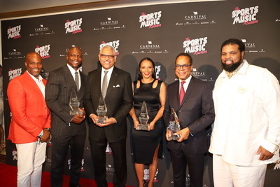 2018 Sports & Music Reunion Co-Host Chris Spencer (far left) and Andre Farr (far right), with 2018 Best By Farr Award Winners and Guest of Honor (left to right): Terry Crews, Retired NFL Player & Hollywood Actor, Leadership & Valor Award; Arnold Donald, CEO, Carnival Corporation, Chief Executive of the Year Award; Danielle Frost, Founder & CEO, A Frostchild Production, Sports Event Producer of the Year Award; Quintin Primo III, Chairman & CEO, Capri Capital, Entrepreneur of the Year Award.