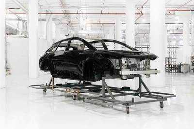 Faraday Future FF 91 first production-level body-in-white completed and painted awaits further build stages in FF Hanford factory.