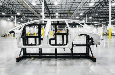 Faraday Future FF 91 first production-level body-in-white undergoing assembly.