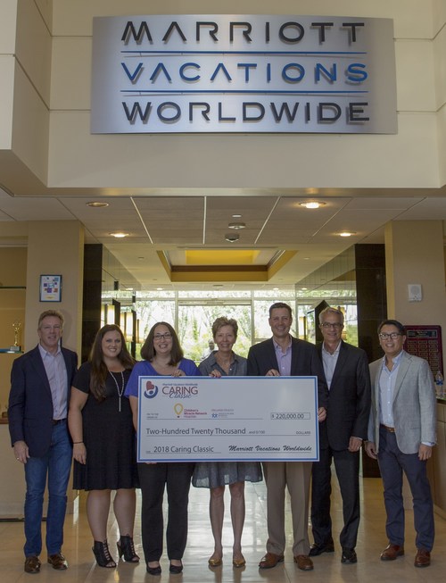 The Marriott Vacations Worldwide Caring Classic team presents a check from this year's golf tournament to Orlando Health Arnold Palmer Hospital for Children, the local Children’s Miracle Network Hospital in Central Florida.