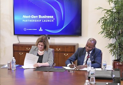 U.S. Chamber Senior Executive Vice President Suzanne P. Clark and Howard University President Wayne A. I. Frederick sign the memorandum of understanding to launch the Next-Gen Business Partnership.