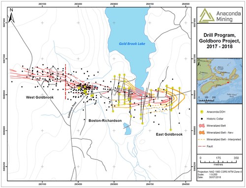 Exhibit A. A map showing the Goldboro Deposit, associated drill holes completed by the Company to date and the expansion of the deposit to the east by 100 metres. (CNW Group/Anaconda Mining Inc.)