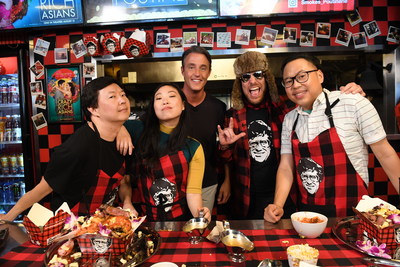Crazy Rich Asians stars Ken Jeong, Awkwafina, and Nico Santos joins Smoke's Poutinerie's Ryan Smolkin to build the World's Richest Poutine. (CNW Group/Smoke's Poutinerie)