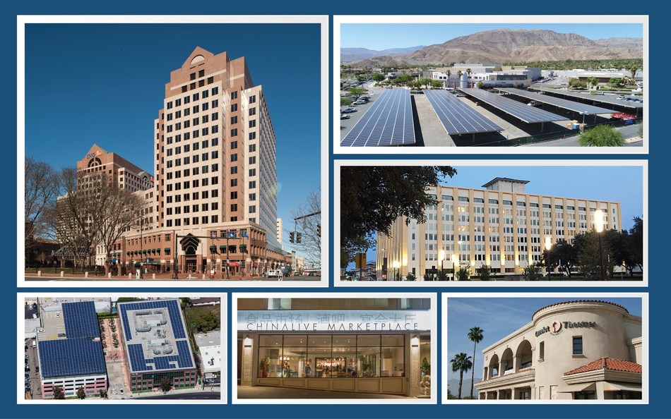 CleanFund’s first-ever commercial PACE (C-PACE) public securitization includes energy and other improvements to properties across the US. Clockwise from upper left, the 17-story Statehouse Square office building in Harford, CT; The River shopping center in the Coachella Valley; the 510,000 sq. ft Butler Bros. building in Dallas, TX; a 80,000 sq. ft office building in Glendale, CA; the 45,000 sq. ft mixed-use building 644 Broadway, San Francisco, and historic Camelot Theatres in Palm Springs, CA.