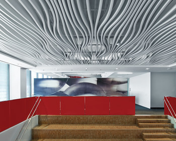 Project Name: Avery Dennison. 
Project Location: Glendale, CA. 
Featured Products: High Profile Series™ - Horizontally Curved Baffles, High Profile Series™ Straight Baffle Ceiling. 
(Architect: HOK, Culver City, CA).