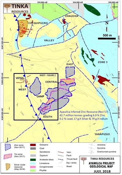 Figure 1.  Geological Map of Ayawilca with current footprint of mineral resources (CNW Group/Tinka Resources Limited)