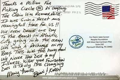 After spending their respite at Thousand Trails’ Circle M RV Campground, Brian and Karen send a thank you note to For Pete's Sake