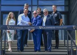 Diageo and Guinness executives cut the ribbon on the Guinness Open Gate Brewery & Barrel House with Governor Larry Hogan, County Executive Don Mohler on August 2, 2018 in Halethorpe, Maryland. Photographed (L-R) Guinness Brand Director Emma Giles; Diageo Beer Co. U.S.A Chairman and Diageo Global Chief Sales Officer Tom Day; Diageo Beer Co. U.S.A President Nuno Teles; President Diageo North America Deirdre Mahlan; Governor Larry Hogan; County Executive Don Mohler; and President of Supply, Diageo North America, Erik Snyder.