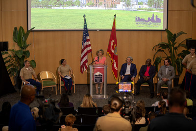 City of Charlotte Mayor Vi Lyles, center, officially proclaims Sept. 5-9 as Marine Week in Charlotte, North Carolina.