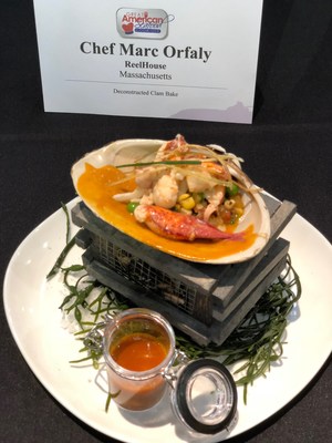 Chef Marc Orfaly of ReelHouse in East Boston, MA presented his winning dish, a "Deconstructed New England Clam Bake" featuring littleneck clams, mussels, smoked chorizo, local corn, potatoes, fresh peas and butter poached lobster from Gloucester, MA.