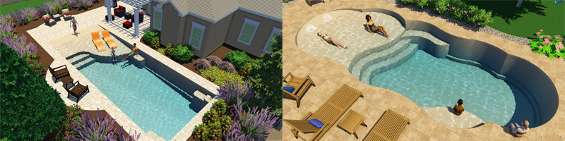 Thursday Pools' Beach Entry Designs, Grace (a rectangular beach entry design) and Sandal (a freeform beach entry design)
