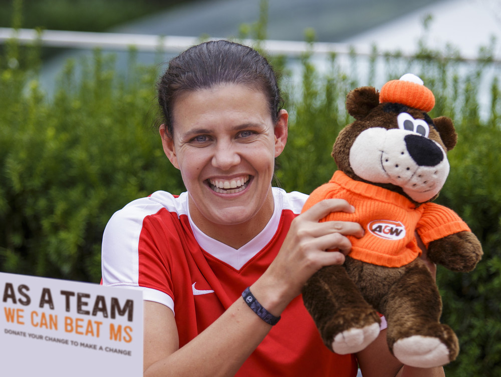 Christine Sinclair has teamed up with A&W Canada and the MS Society of Canada for the 10th Burgers to Beat MS campaign. On August 16, A&W Canada will donate $2 from every Teen Burger® sold to the MS Society of Canada. (CNW Group/A&W Food Services of Canada Inc.)
