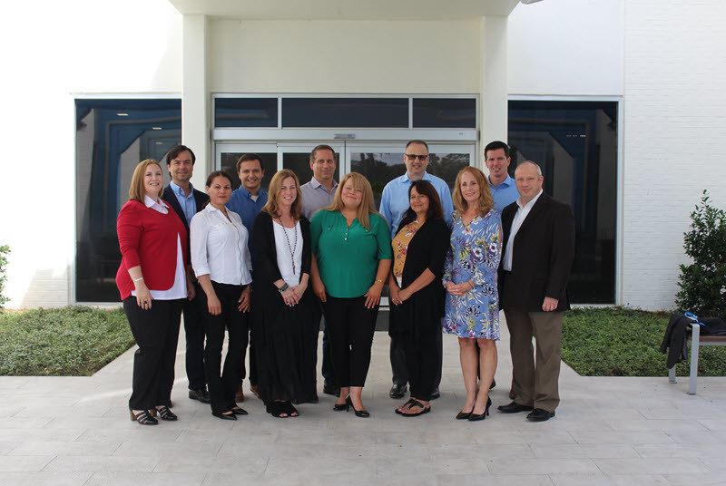 Brightway Insurance Agency Owners and their teams gathered at Brightway’s Home Office in Jacksonville, Fla., for Training prior to opening their stores. Front row (L to R): Tiffany Baban, Yanexis Avila, Lorrie Crumbaker, Ruth Mote, Irene Kraszulyak, Susan Davis and David Pickel. Back row (L to R):  Federico Bocca, Robert Kraszulyak, Brian Crumbaker, Rich Dorrian and Chace Caminiti.