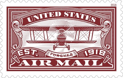 The U.S. Postal Service delivers a second United States Air Mail Forever stamp in red to commemorate the 100th anniversary of U.S. Air Mail which began on Aug. 12, 1918. An identical blue version of this stamp issued earlier this year paid tribute to the pioneering spirit of Army pilots who initiated airmail service May 15, 1918.