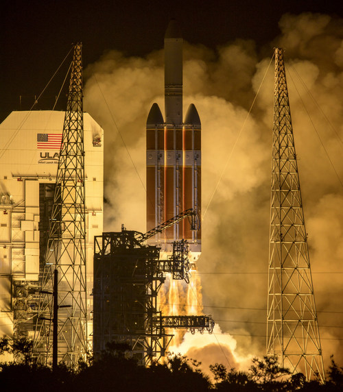 The United Launch Alliance Delta IV Heavy rocket launches NASA's Parker Solar Probe to touch the Sun at 3:31 a.m. EDT Sunday, Aug. 12, 2018 from Launch Complex 37 at Cape Canaveral Air Force Station, Florida. Parker Solar Probe is humanity’s first-ever mission into a part of the Sun’s atmosphere called the corona.  Here it will directly explore solar processes that are key to understanding and forecasting space weather events that can impact life on Earth. Credit: NASA/Bill Ingalls